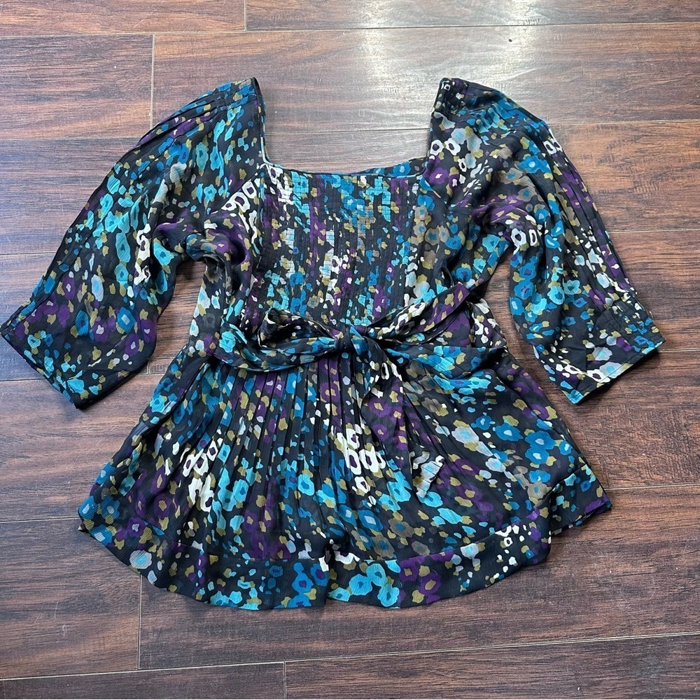 Trulli Square Neck Floral Tie Waist Flowy Blouse Top